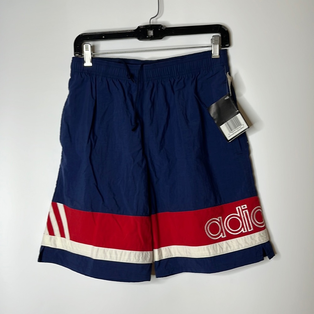 NWT Adidas Mens Shorts Nylon Elastic Waist with Tie Blue Red White S SMALL